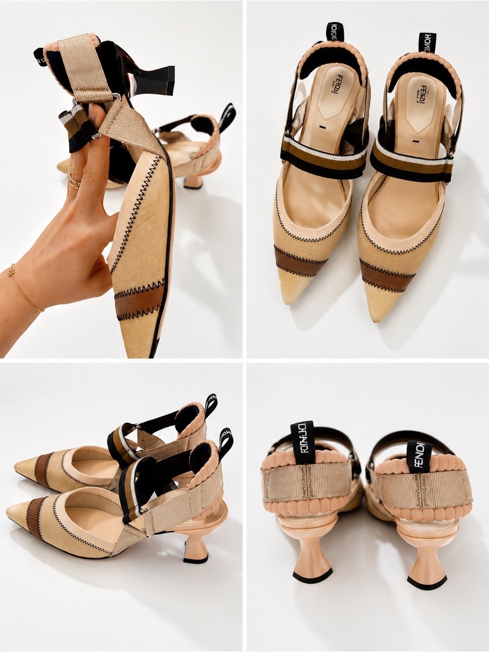 Fendi Beige and Black Pointed-Toe Slingback Heels